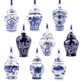 YIYA 9 Pack Porcelain Christmas Tree Ornaments 3.5 in Blue and White Ornaments Christmas Chinoiserie Hanging Ornaments Christmas Mini Ginger Jar Ornaments for Xmas Tree Decoration