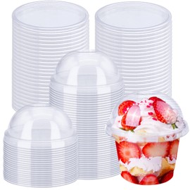 Alaeseje 50 Pack 8oz Disposable Clear Plastic Cups with Dome Lids(Hole in the Lid),PET Dessert Cups,Disposable Snack Bowls for Ice Cream,Cake,Fruit,Parfait, Pudding and Jello Shot