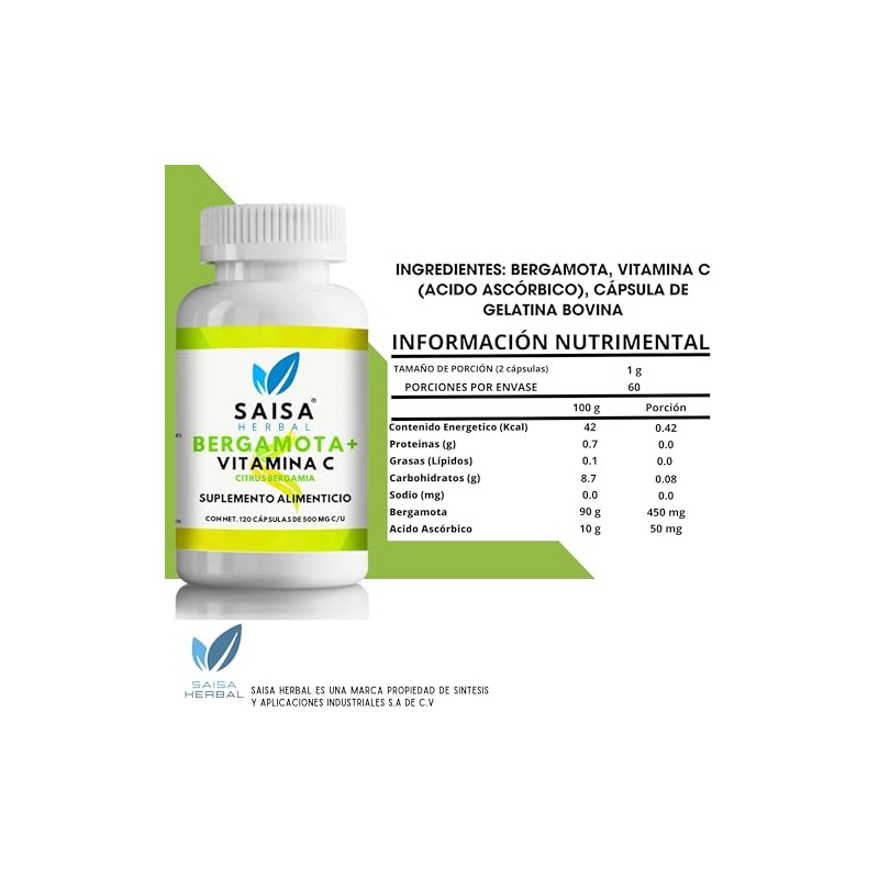 Bergamota Cítrica Y Vitamina C 120 Cápsulas Saisa Herbal