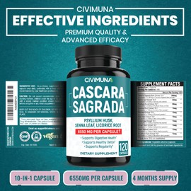 CIVIMUNA Cascara Sagrada Bark Extract Capsules | 6550mg | 120 Capsules - 4 Months Supply | Cascara Sagrada Bark, Senna Leaf, Psyllium Husk Powder.