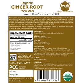 Iyasa Holistics Organic Ginger Root Powder (Zingiber officinale) 16 oz 453 gm Premium Quality,Keto Friendly, Smoothie Cookie Digestive Health
