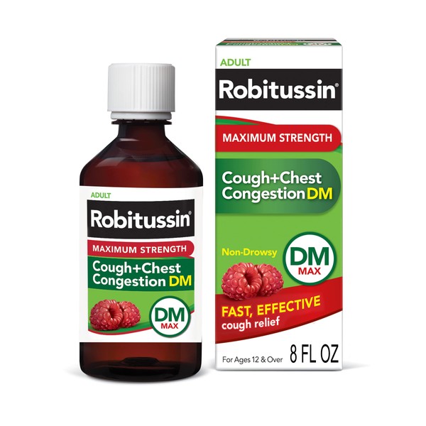 Robitussin Adult Maximum Strength Cough + Chest Congestion DM Max (8 fl. oz. Bottle), Non-Drowsy Suppressant & Expectorant, Raspberry Flavor