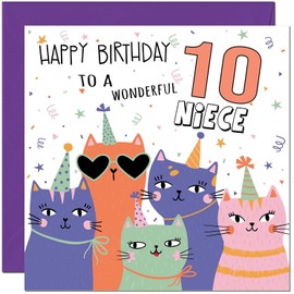 10th Niece Birthday Cards - Childrens Cute Cat Niece Birthday Card for 10 Year old Kids ten, tenth