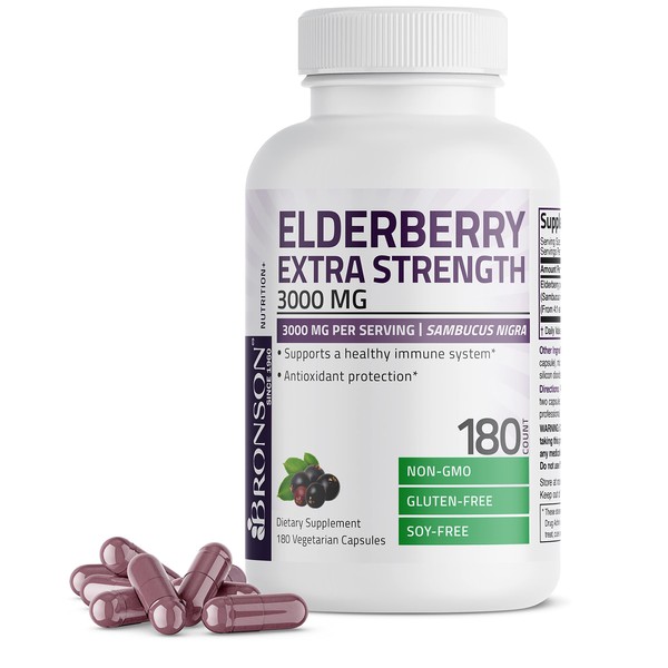 Bronson Elderberry Extra Strength 3000 MG, Sambucus Nigra 3000 MG per Serving, Supports Healthy Immune System & Antioxidant Protection, Non GMO, 180 Vegetarian Capsules