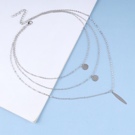 Allereya Vintage Layered Coin Disc Necklace Long Bar Pendant Necklace Double Coin Choker Necklace Silver Geometric Vertical Bar Necklace Jewelry for Women and Girls