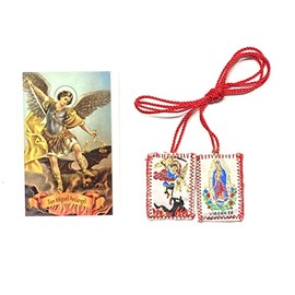 Tarjeta de Oracion Laminada con Escapulario Rojo de San Miguel Arcangel St Michael Prayer Card in Spanish Scapular Set