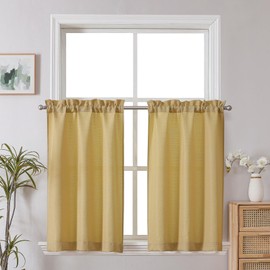 Chyhomenyc 2 Panels Gold Kitchen Curtains 36 Inch Length Tier Curtains, Faux Linen Textured Small Cafe Curtains, Light Filtering Short Window Curtains for Bathroom Basement, Each 30x36 inch