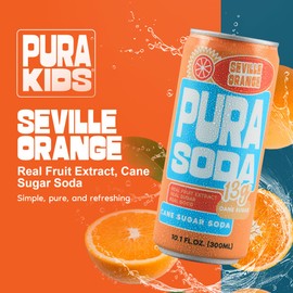 PuraSoda® Seville Orange | Low-Calorie, Cane Sugar Soda, Beverage | Made with Pure Cane Sugar, No Preservatives | Non-GMO, Vegan | 10.1 fl oz (300ml) Cans, 24-Pack