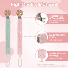 TYRY.HU Ribbon Pacifier Clip Holder,2 Pack Binky Paci Holder Clips, Pacifier Leash for Baby Boys and Girls, Soft Webbing Strap Universal Fits for Most Pacifier, Styles & Teethers Toys(Green,Pink)