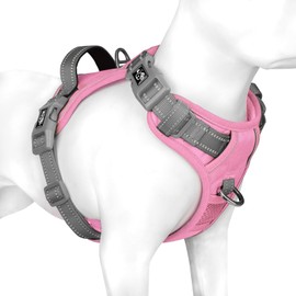 PHOEPET Anti-Pull Dog Harness, Reflective Adjustable Puppy Safety Harness for Small, Medium and Large Dogs (M,Pale Pink Base & Grey Straps)
