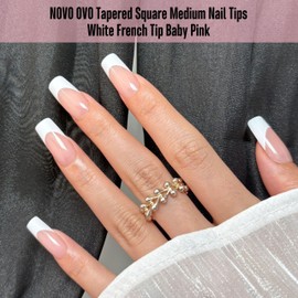 NOVO OVO White French Tip Square Nail Tips, Press on Baby Pink, Extra Thick Square Nail Tips, Artificial Acrylic Nail Extensions, Requires Builder Gel Top Coat for DIY, 15 Sizes x 240 Pieces