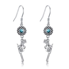 Sterling Silver Gun Earrings Revolver Gun Sunflower Dangle Earrings Western Jewelry Gifts for Women, Sterling Silver, No Gemstone