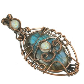 Copperie Evil Eye Natural Labradorite & Moonstone Gemstone Pendant Copper Wire Wrapped Jewelry Necklace 18"