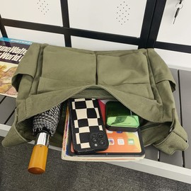 PRAGARI Canvas Messenger Bag Crossbody for Women Green Shoulder Aesthetic Laptop Tote Bag Hobo Large Cute School Travel Vintage Multiple Pockets