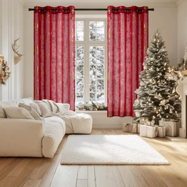 PONY DANCE Christmas Curtains, Red Transparent Eyelet Curtains, Set of 2, H 160 x W 140 cm, Christmas Curtains for Living Room, Short Translucent Curtains with Golden Pattern, Linen Look, Transparent
