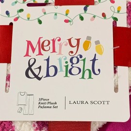 Laura Scott Women's Size Small Merry & Bright Pink 3 Piece Knit Plush Pajama Set