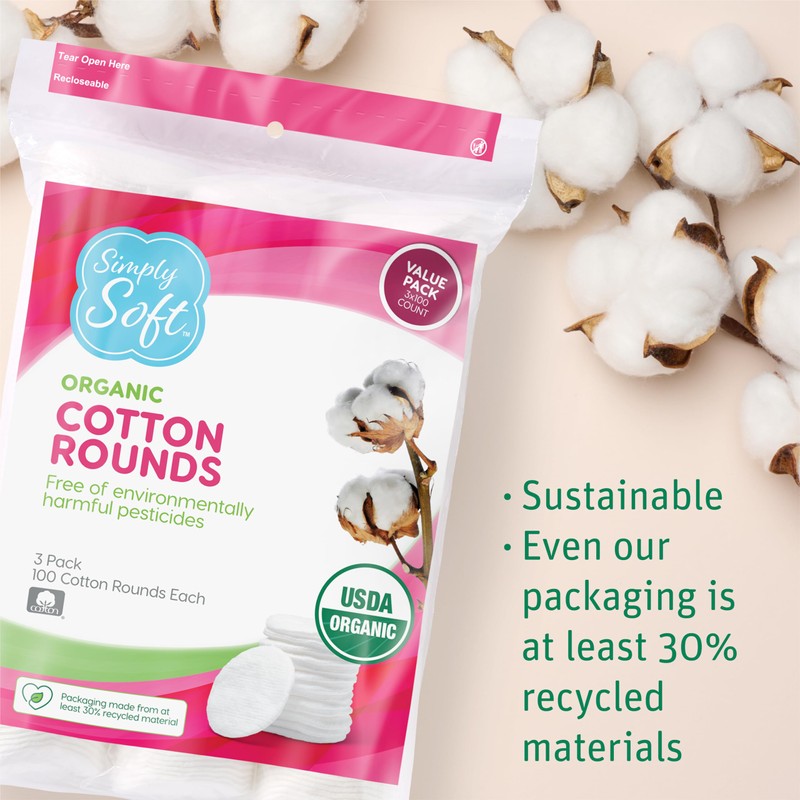 Simply Soft Premium Organic Cotton Rounds, 100 Count (Pack of