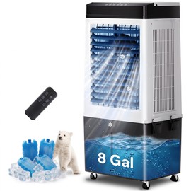 Swamp Cooler, 3200 CFM Evaporative Air Cooler, 8 Gal Water Tank, 4 Ice Packs, 120° Swing, 3 Modes, 3 Speeds, 12H Timer, 3-IN-1 Windowless Portable Air Conditioner, AC Unit, Room Cooler for Indoor Use