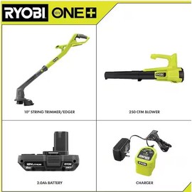 RYOBI ONE+ 18V Cordless String Trimmer/Edger and Blower/Sweeper Combo Kit (2-Tools) with 2.0 Ah Battery and Charger