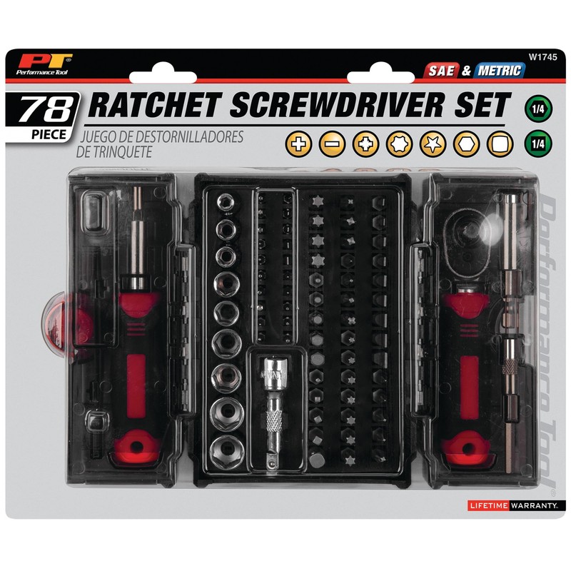 Performance Tool W1745 78 Pc. Ratcheting Driver Tool Set, 1/4