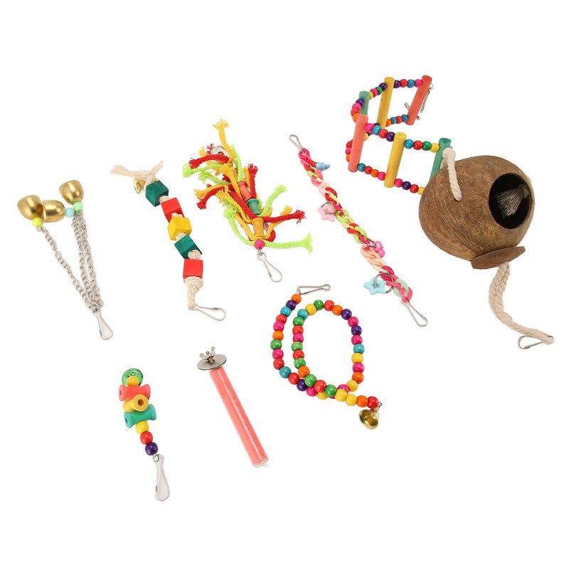 8pcs Parrot Toys Adjustable Coconut Shell Ladder Hanging Toys Interactive