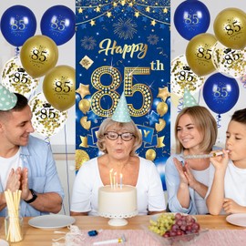 85th Birthday Party Decorations for Men Navy Blue Gold Happy 85th Birthday Banner with 18pcs 85th Balloons 85th Door Cover Backdrop for Men Women Birthday Anniversary Party Sign Porch Decor Supplies