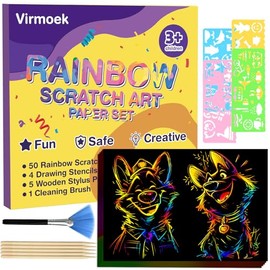 Virmoek 60 Pcs Scratch Art for Kids, Ages 3-8, Rainbow Scratch Paper Kit, Magic Scratch Off Art Craft Set, Mess-Free Kids Craft Supplies, Easter Basket Stuffers, Christmas Toys