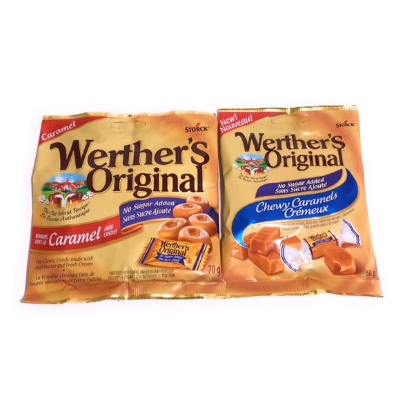 Werther's Variety Sugar Free Caramels, 1 Caramel Hard Candies 70g & 1 Chewy Caramels 60g