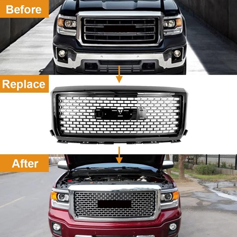 MATMACRO Gloss Black Grille For GMC Sierra 1500 Front Bumper