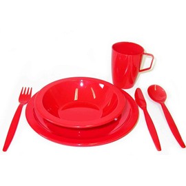 Harfield Red Camping Dining Set - Plate, Bowl, Beaker and Cutlery - Reusable Virtually Unbreakable Tableware