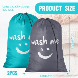 Laundry Bag Travel Pack of 2, Laundry Bags Large, Laundry Bag Dirty Laundry, Laundry Bag Travel with Drawstring Closure, Laundry Bag for Travel, Camping, Home, Bathroom, 61 x 92 cm (Grey, Blue)