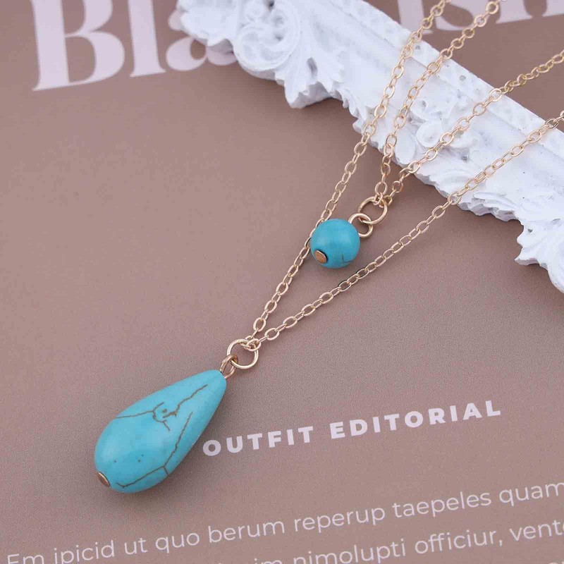 Cimenexe Bohemian Layered Turquoise Necklace Gold Teardrop Turquoise Beads Pendant