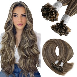 YoungSee Real Hair Bondings #P4/27 Dark Brown with Caramel Blonde Highlights Keratin U Tip Hair Extensions Hot Fusion Bonding, Human Hair, Brown to Blonde 45 cm 50 g 1 g/s