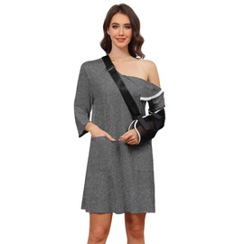Liokoc Women's Post Shoulder Surgery Dress 3/4 Sleeve Full Open Side Snap Tear Away Adaptive Clothing with Pockets Grey