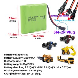 sea jump 2PCS 4.8V 2800mah AA Rechargeable Battery with SM-2P Plug and USB Charging Cable for E562 TD141 RC Car Toy Car Battery SY-E511 Remote Control Excavator Car Truck Engineering Car Battery