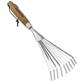 Haliaeetus Garden Hand Rake, 14.6'' Small Hand Rake for Tight Areas, 9 Tines Stainless Steel Garden Rake with Ergonomic Wood Handle for Clearing Leaves and Loose Debris in Flower bed and Around Plants