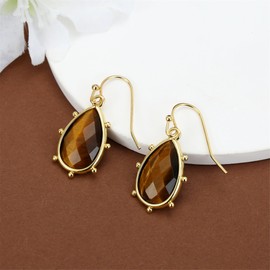 Rosslyons Natural Jasper Stone Earrings Teardrop Unique Vintage Style Healing Gemstone Energy Lightweight Drop Hook Earrings Dangling Birthday Party Jewelry Gift (Brown Tiger Eye)