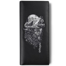 skneephate Wolf Long Wallet For Men,Premium Genuine Leather Checkbook Men's Wallets Bifold,RFID Blocking,Gift For Him (black)