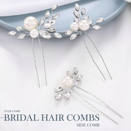 Yean Perlen-Braut-Hochzeits-Haarnadeln, Blatt-Braut-Kopfstück, Strass-Haarschmuck für Frauen (3 Stück) (Silber)