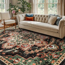 8x10 Boho Large Area Rug, Washable Rug, Ultra Soft Area Rug, Non Slip Abstract Rug Foldable, Stain Resistant Rugs for Living Room Bedroom, Vintage Fuzzy Rug(Blue Green, 8'x10')