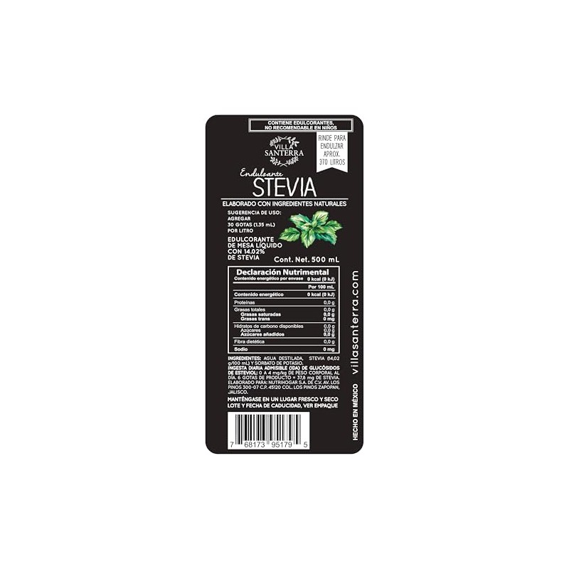 Stevia Líquida Villa Santerra 500ml Para Food Service, Rendimiento para