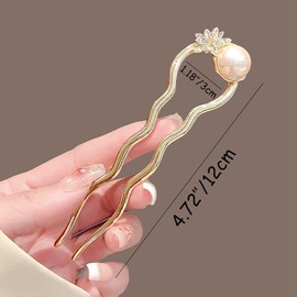 KDUPUP 2 Pack Pearls Wavy U Shaped Hair Forks for Buns, Creative Metal Double Prongs Chignon Hairpins, Fashion Crystal Updo Hair Sticks, Decoration Hair Accessories (Gold), Onesize