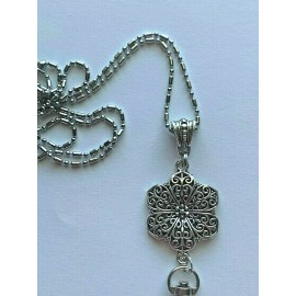 Handmade TIBET ANTIQUE SILVER FLOWER CHARM LANYARD ID BADGE HOLDER STAINLESS STEEL CHAIN