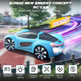 SIMREX Gesture Sensing Remote Control Car with Charging Dock - 360° Rotate Drift RC Stunt Car Toy, 40 Min Playtime, Dual Control, Spray Mist & LED Lights, Birthday Gift for Kids Boys Girls（Blue）