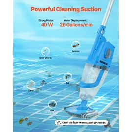 VEVOR Pool Vacuum, 26 GPM Handheld Cordless Hot Tub Vacuum with Extension Pole, for Deep Cleaning & Strong Suction, Rechargeable Pool Cleaner, Running up to 1Hour, for Above Ground/Inground Pool Spas