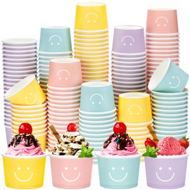 Blushtier 200 Pcs Summer Smile Ice Cream Cups 8 oz Snack Bowls Kid Happy Face Disposable Treat Soup Cups Dessert Ice Cream Sundae Bowls for Salad Birthday Wedding Party Favor Supplies