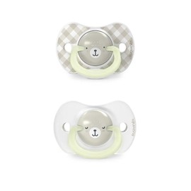 Suavinex, Pack de 2 Chupetes que Brillan en la Oscuridad, Bebés 6/18 Meses, para Dormir, con Anilla Fluorescente y Tetina Fisiológica SX Pro de Silicona, Plana y Flexible, Beige