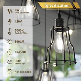 DiCUNO ST64 Edison LED Bulb 60W, Daylihgt White 5000K, 6W LED Edison Bulb, Vintage Filament Light Replacement for Decoration, 800LM, Non-Dimmable, Clear Glass, 80+ CRI, Pack of 6