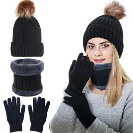 BDSHUNBF Beanie Hats for Women, Black Bobble Hat Gloves Scarf Set Girls, Thermal Warm Winter Hats for Women Outdoor Ski with Detachable Pom Pom, Gifts for Women Her Teenage Girls