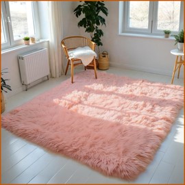 Eviva Pink Fluffy Rug for Living Room - 4x6 Fuzzy, Washable, Plush Feel - Pink Shaggy, Kids & Girls Bedroom Rug